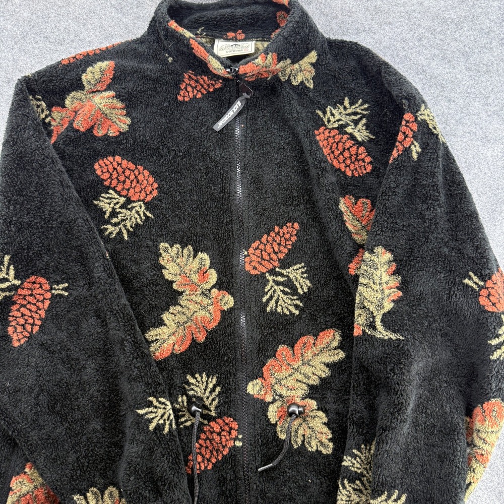 Black Mountain Fleece Jacket 90s XL Black Pinecone Oak Leaf Full Zip Mock Neck - Picture 3 of 16